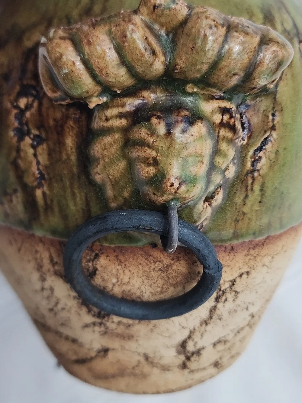 Green and Cream Rustic Clay Pottery Vase w/ Lion Heads & METAL Ring Side Handles